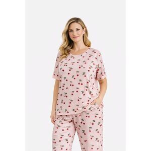 Woman's XXL Pink Cherry Print Pajama Set Silky Soft Lounge Sleepwear #T